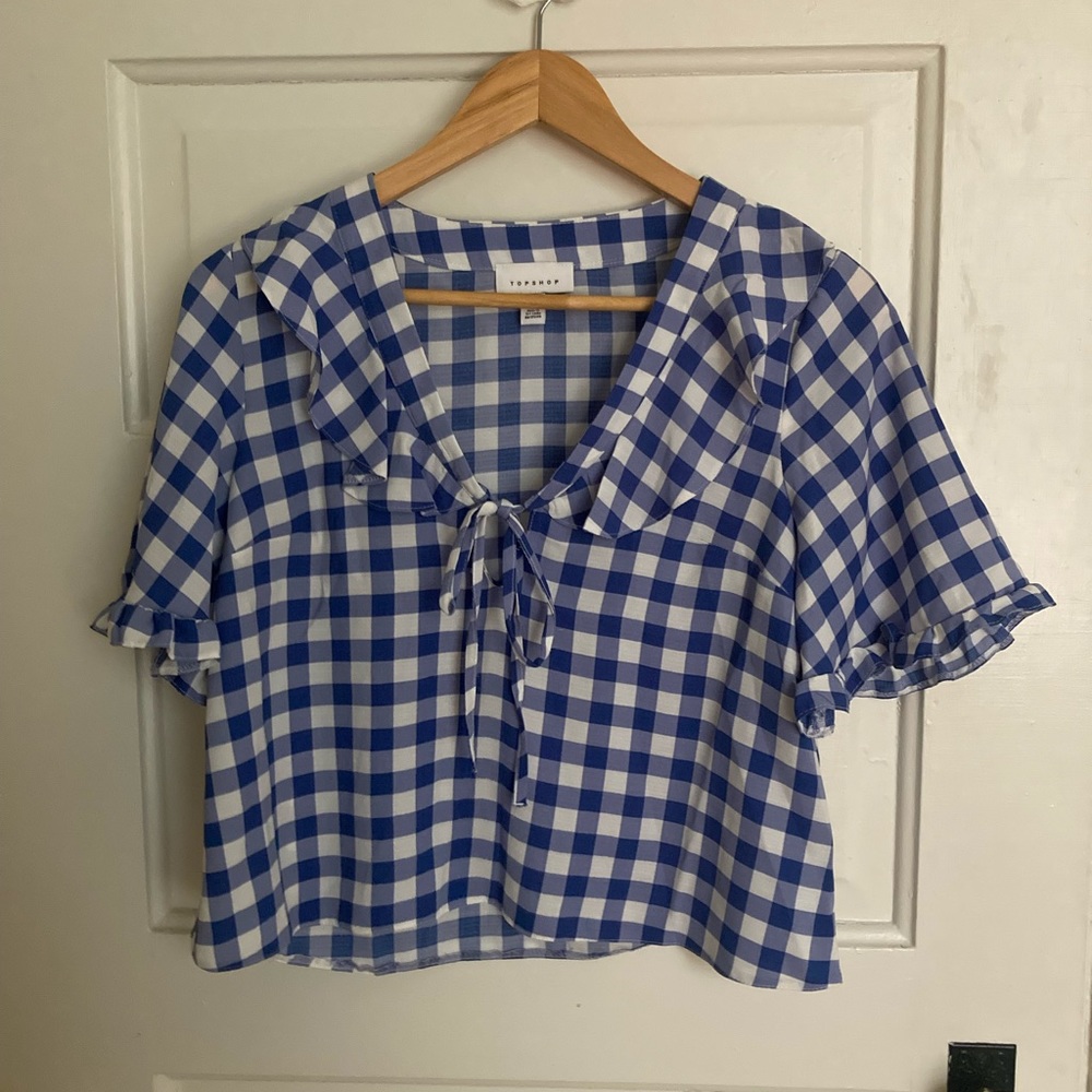 Topshop blue gingam frill blouse. Size xs - Picture 1 of 3